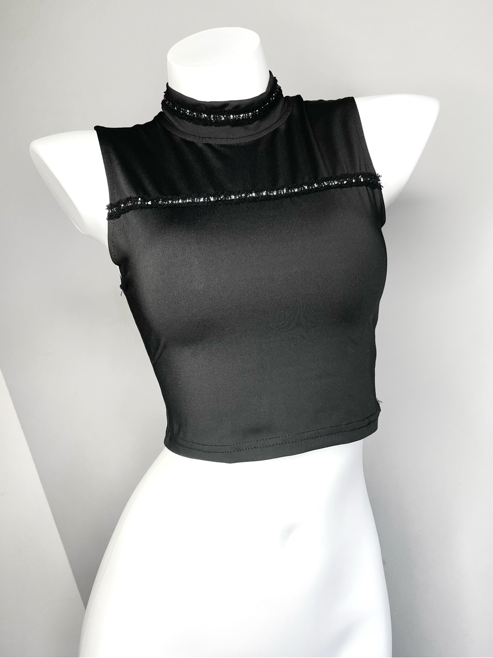 Y2K Black Lace Trim Mock Neck Crop Top